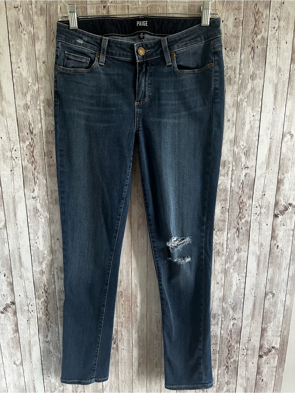 PAIGE Skyline Ankle Peg Dark Blue Distressed Jeans Size 29